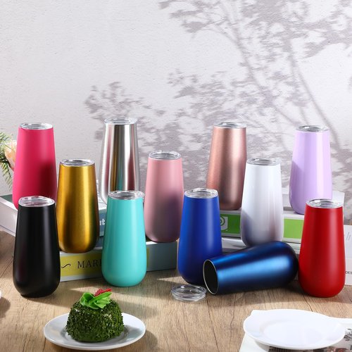 Reallnaive 6 oz 12 Pack Stemless Insulated Champagne Flute Bridesmaid Champagne Flute Wine Glasses Tumbler with Lid Double Insulated Reusable Cocktail Tumbler for Christmas Birthday Wedding Gift