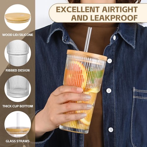 AFINSEA 20oz Ribbed Glass Coffee Cups with Lids and Straw,1PCS Glass Cups with Lid Vintage Iced Coffee Cups Glassware for Whiskey Cocktail Beer