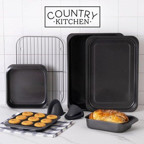Country Kitchen Nonstick Bakeware Set - Deluxe Heavy-Duty, Easy Release, 8-Piece Set in Black