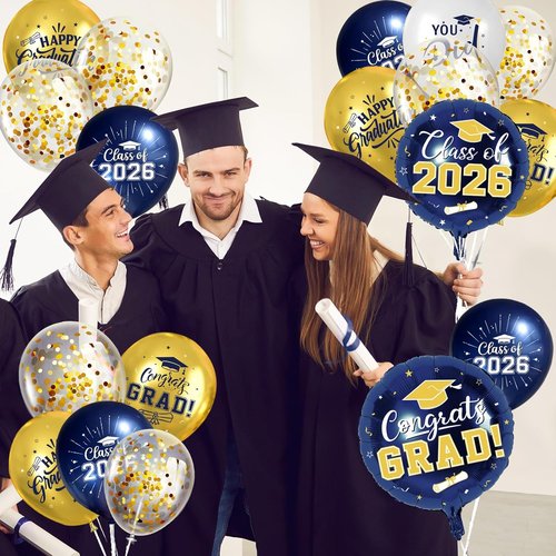 Graduation Decorations 2026 - Skiennix Navy Blue & Gold Balloons Set | 51Pcs Latex & Foil with Confetti Ribbons