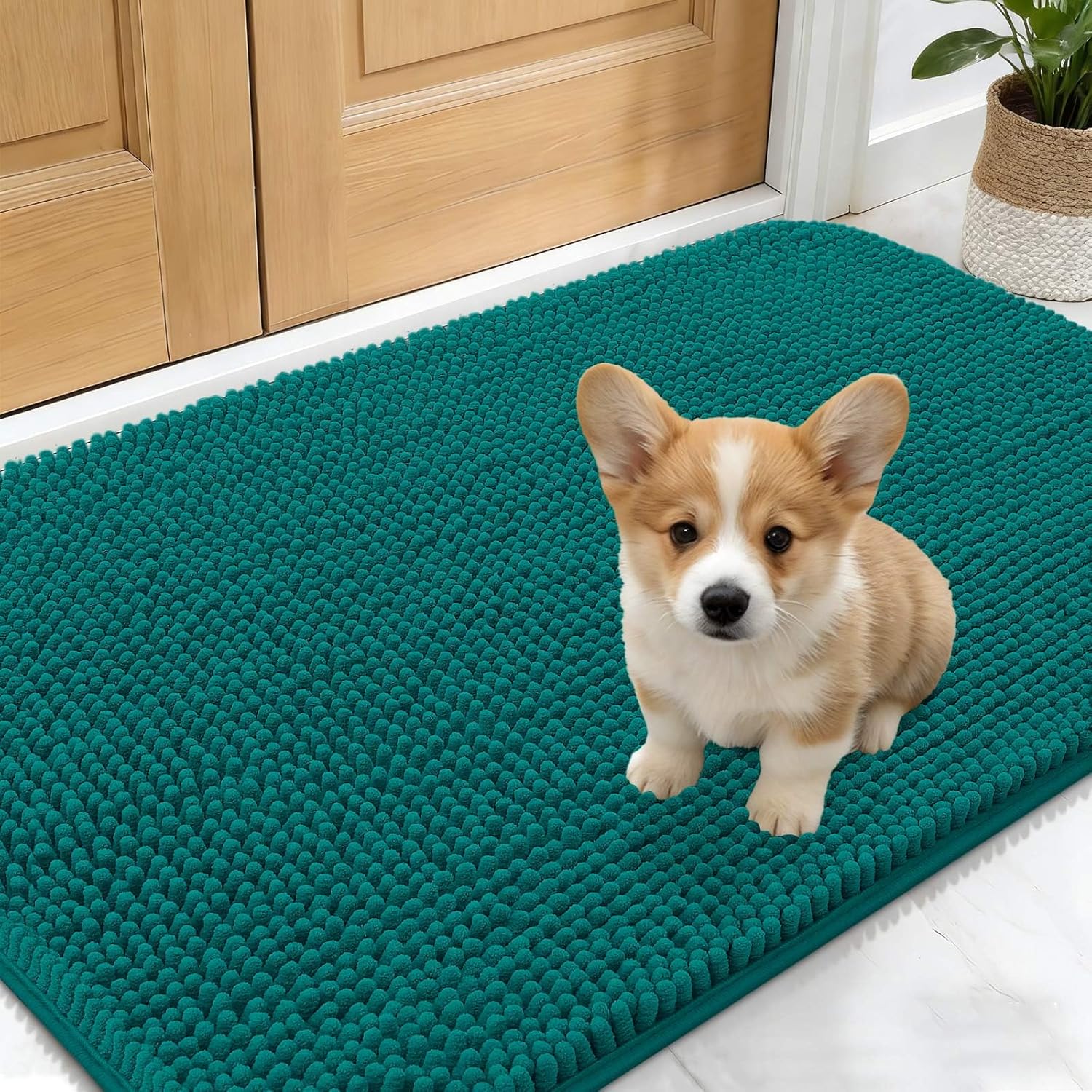 OLANLY Dog Door Mat - Absorbent Non-Slip Chenille Mat for Muddy Paws | 24x16 Inches, Lake Blue