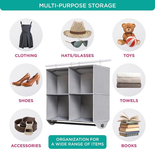 HOLDN’ STORAGE Hanging Closet Organizer - Heavy-Duty 4-Shelf Unit with Garment Rod, Grey