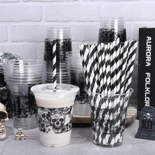 Whaline 50Pcs 12Oz Halloween Disposable Plastic Cups with Lids and Straws Black Gothic Sketch Skull Floral Cold Beverage Drinking Cups for Trick or Treat Party Supplies
