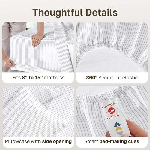 California Design Den Twin XL Bed Sheets Set - 100% Cotton, 400 Thread Count, Smooth Sateen Finish, Cozy Pinstripe Bedding