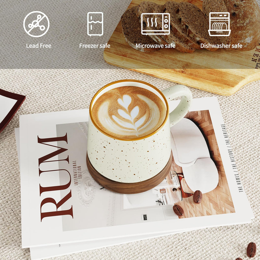 Bulete 12 oz Ceramic Coffee Mug with Walnut Coaster Lid, Ceramic Porcelain Coffee Cup Tea Cup for Office and Home, Dishwasher and Microwave Safe (Beige)