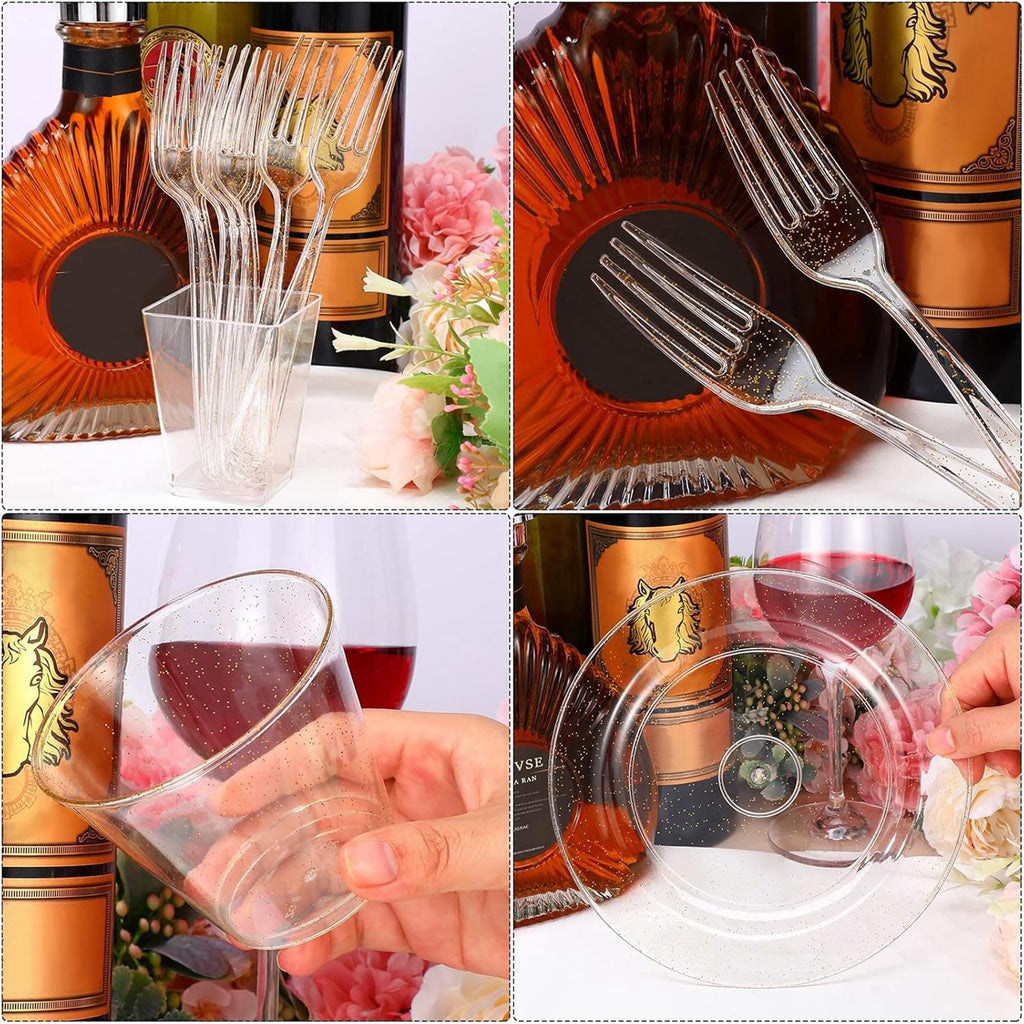 Honeydak 300 Pcs Gold Glitter Plastic Dinnerware Set for 100 Guests, 100 Wedding Plates 7.5 Inch, 100 Cup Gold 9 Oz, 100 Dessert Forks for Bride Party Engagement Anniversary Birthday