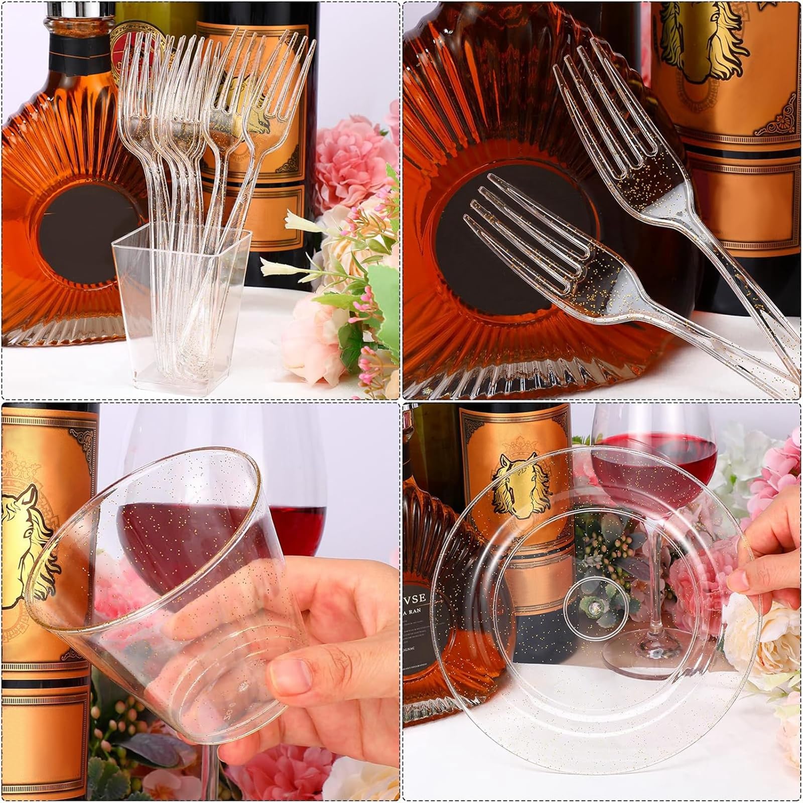 Honeydak 300 Pcs Gold Glitter Plastic Dinnerware Set for 100 Guests, 100 Wedding Plates 7.5 Inch, 100 Cup Gold 9 Oz, 100 Dessert Forks for Bride Party Engagement Anniversary Birthday