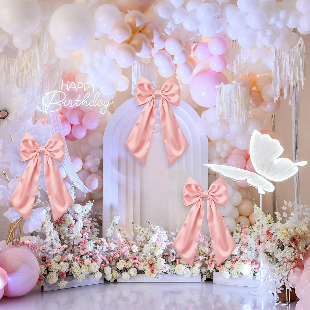 Suncalla Large Pink Satin Bow Decorations - 3 Pcs 2 Ft Hanging Wall Decor for Weddings & Parties