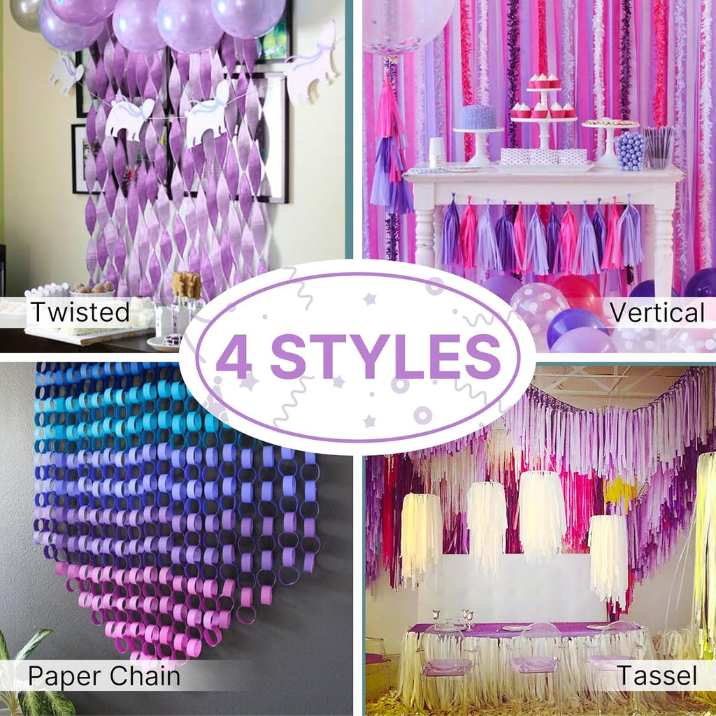PartyWoo Crepe Paper Streamers - Light Pastel Pink & Purple | 328ft Pack of 4 for Birthday & Baby Shower Decor