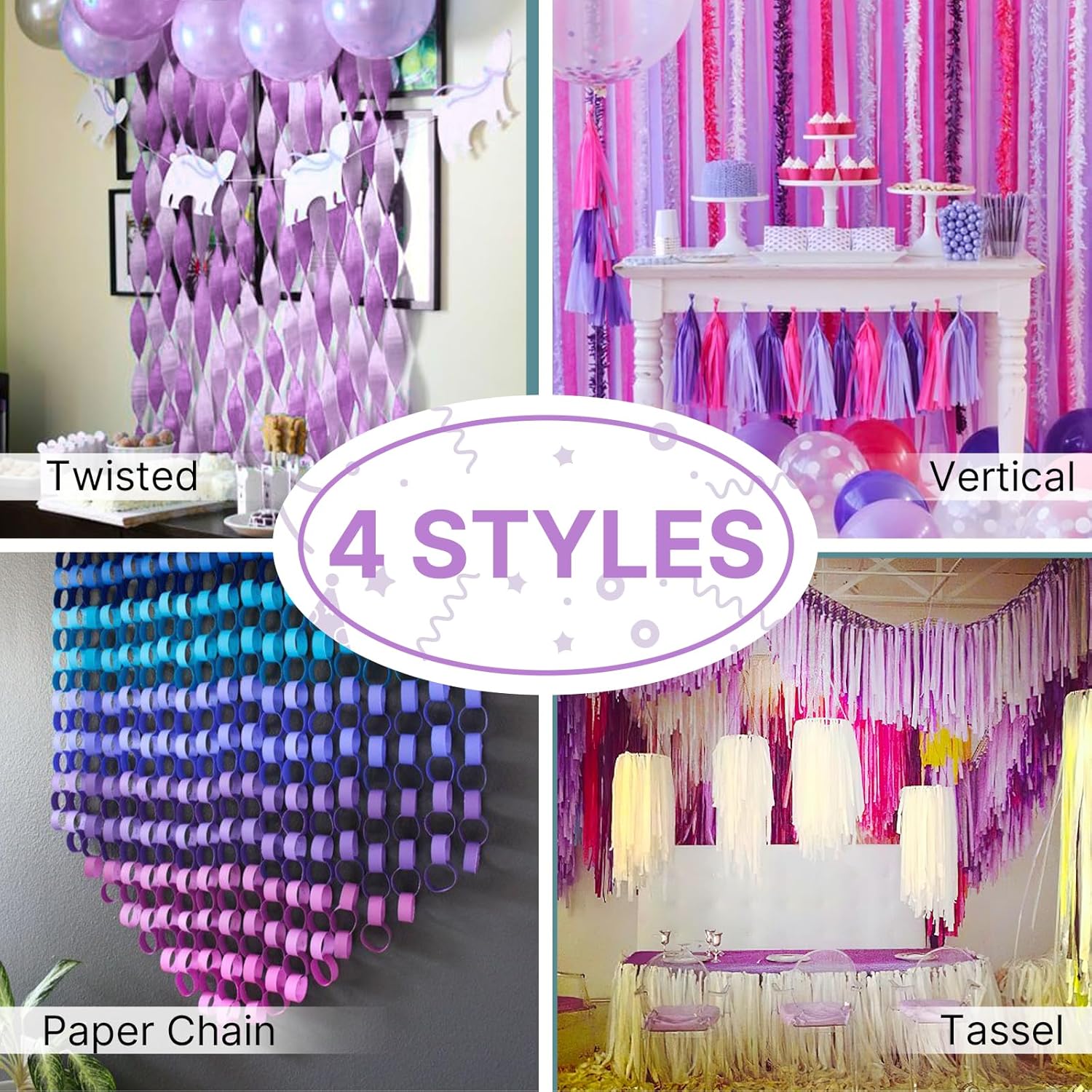 PartyWoo Crepe Paper Streamers - Light Pastel Pink & Purple | 328ft Pack of 4 for Birthday & Baby Shower Decor