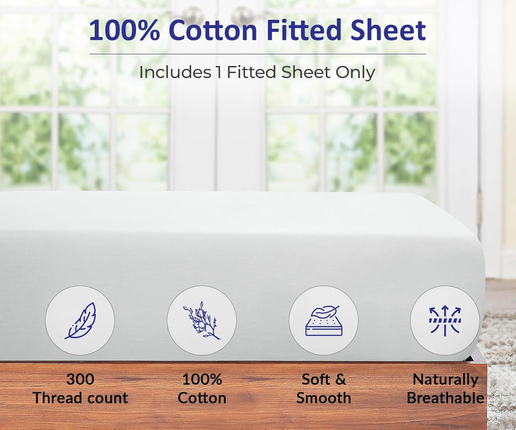 Royale Linens 300 Thread Count Fitted Sheet - 100% Long Staple Cotton, Super Soft, Deep Pocket | Queen Size, White