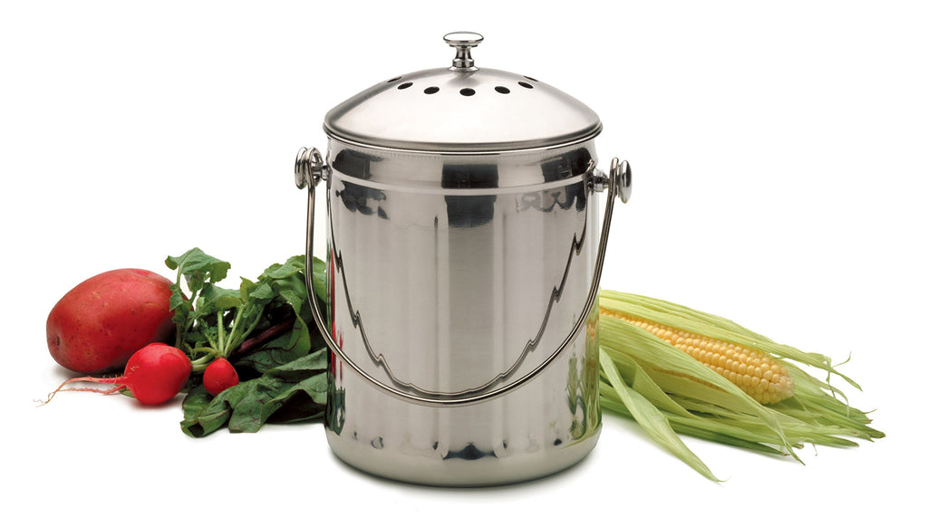 RSVP International Kitchen Collection Compost Pail, Dishwasher Safe, 1 Gallon Capacity, Stainless Steel