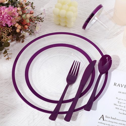 Roshtia 300 Pcs Plastic Dinnerware Set for 50 Guests, Clear Plastic Plates with Rim, Include Disposable Plates, Cups, Knives, Forks and Spoons for Birthday Wedding Party(Purple)