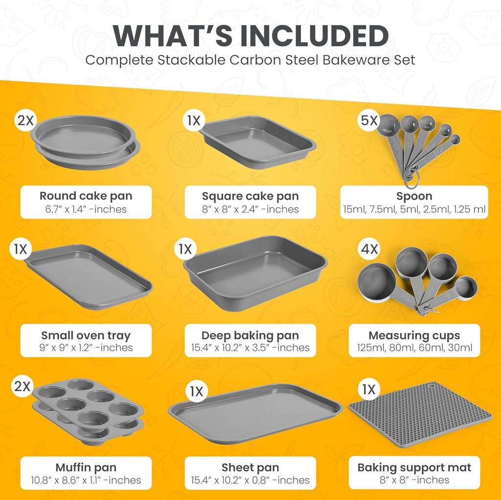 Skiennix Non-Toxic Bakeware Set - 11pc PFOA-Free Carbon Steel Nonstick Baking Pans | Space-Saving Design