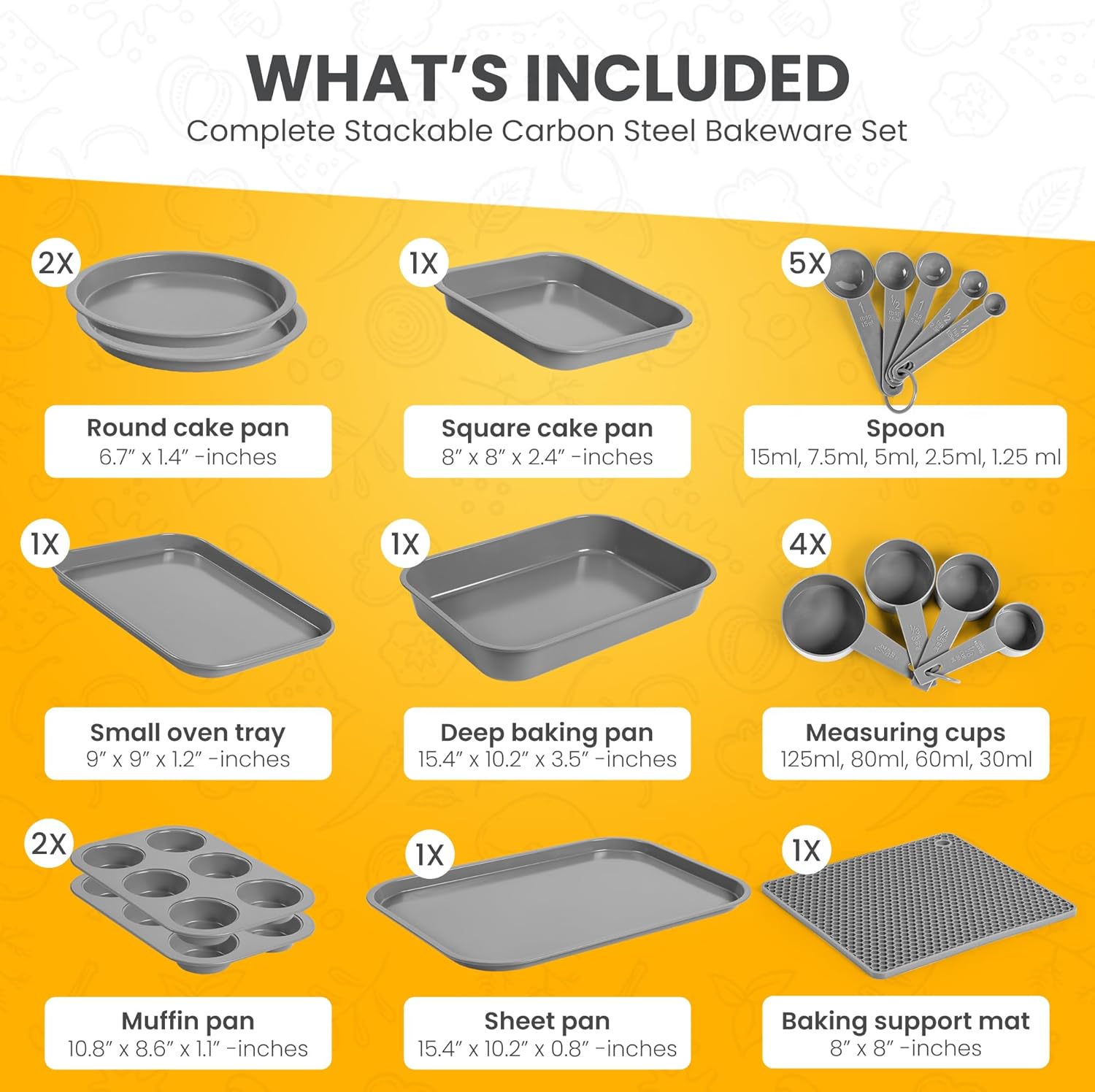 Skiennix Non-Toxic Bakeware Set - 11pc PFOA-Free Carbon Steel Nonstick Baking Pans | Space-Saving Design