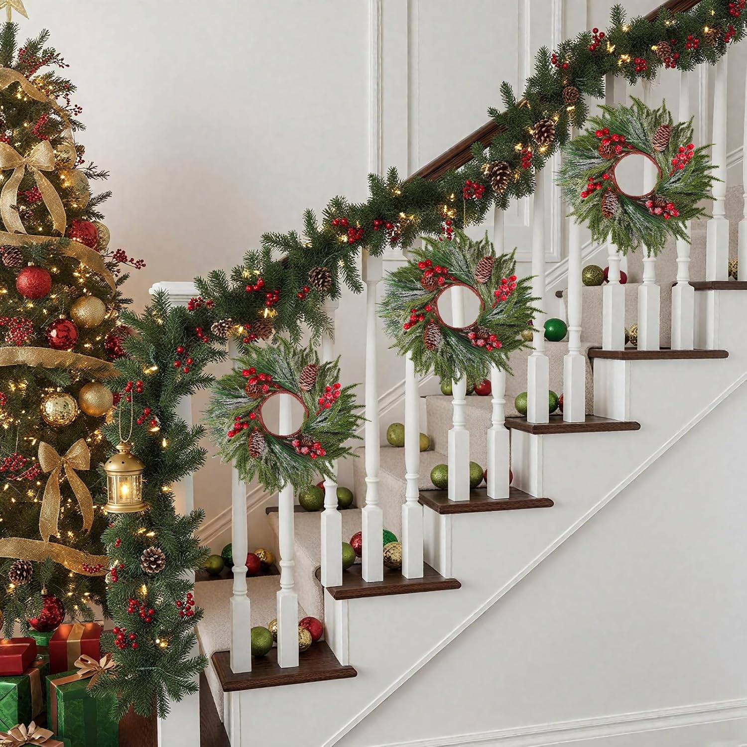 Suncalla Christmas Candle Rings - 8 Pcs Red Berry Wreaths for Kitchen & Table Decor