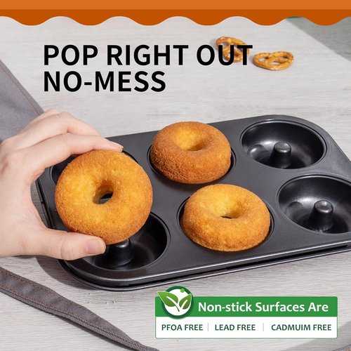 HONGBAKE Donut Pan - Upgraded Deepened Nonstick Baking Tray, 2 Pack 6 Cavity Mini Bagel Mold - Black