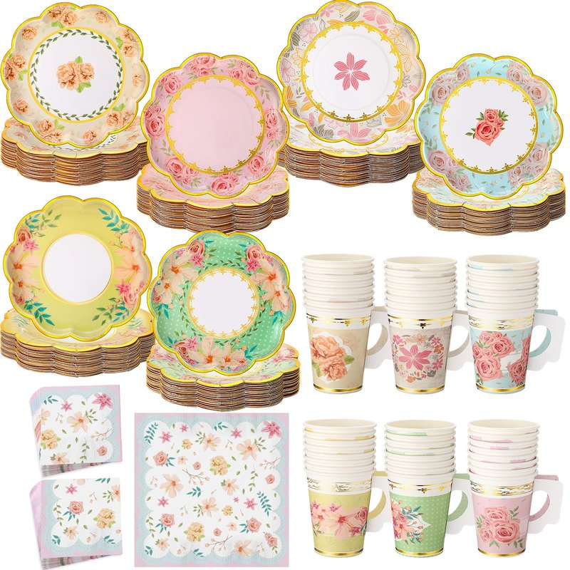 Yungyan 108 Pcs Tea Party Plates and Napkins Sets Serve 36 Guests Floral Disposable Tea Party Supplies Paper 6" Plates and Napkins and 9 oz Cups with Handle for Garden Spring Birthday Wedding