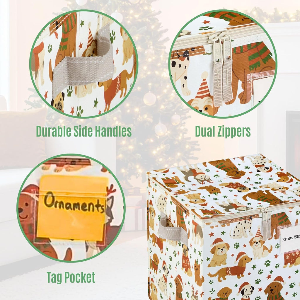 VENO Christmas Ornament Storage Box - 2 Pack for 64 Ornaments | Adjustable Dividers & Zippered Top - Holiday Pups Design