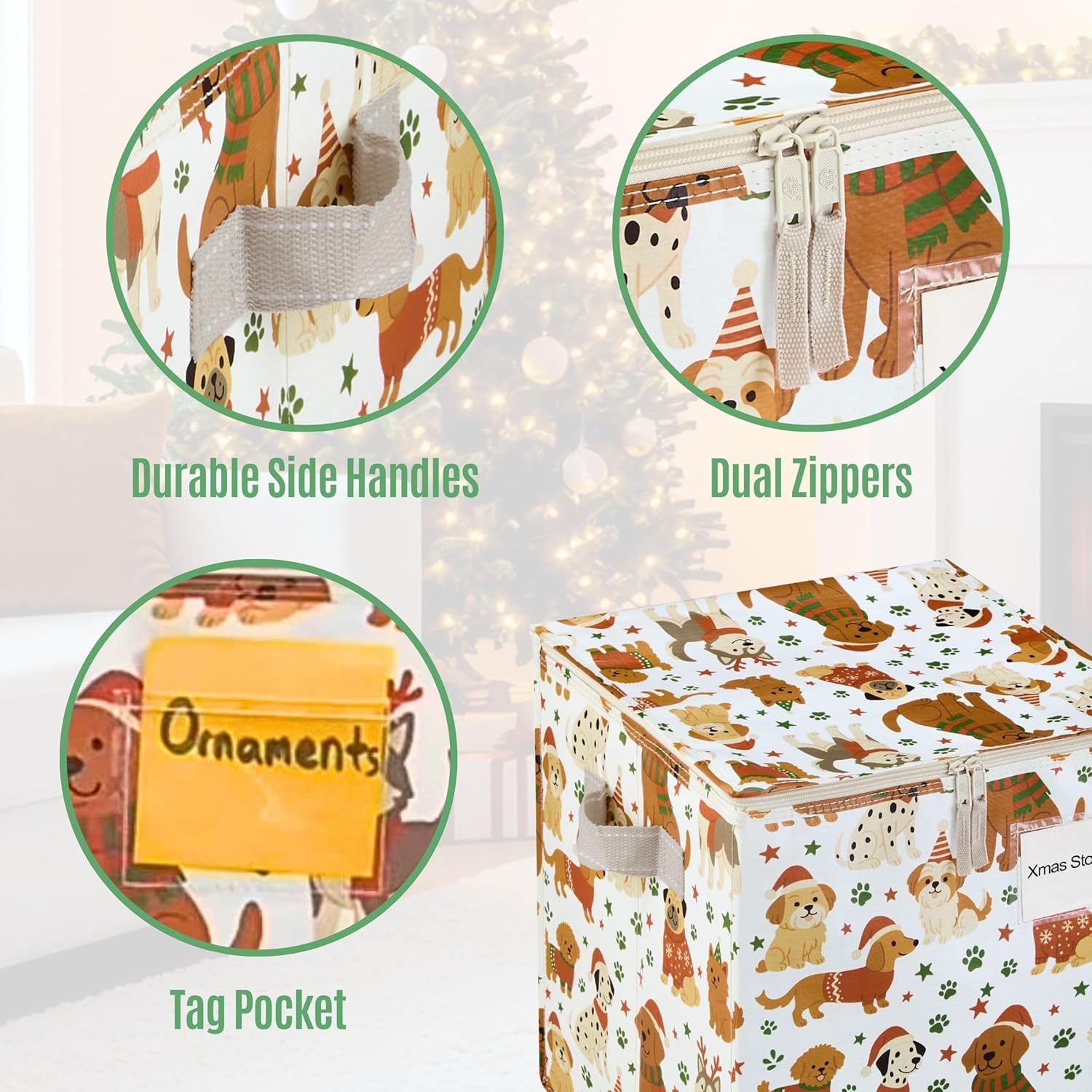 VENO Christmas Ornament Storage Box - 2 Pack for 64 Ornaments | Adjustable Dividers & Zippered Top - Holiday Pups Design