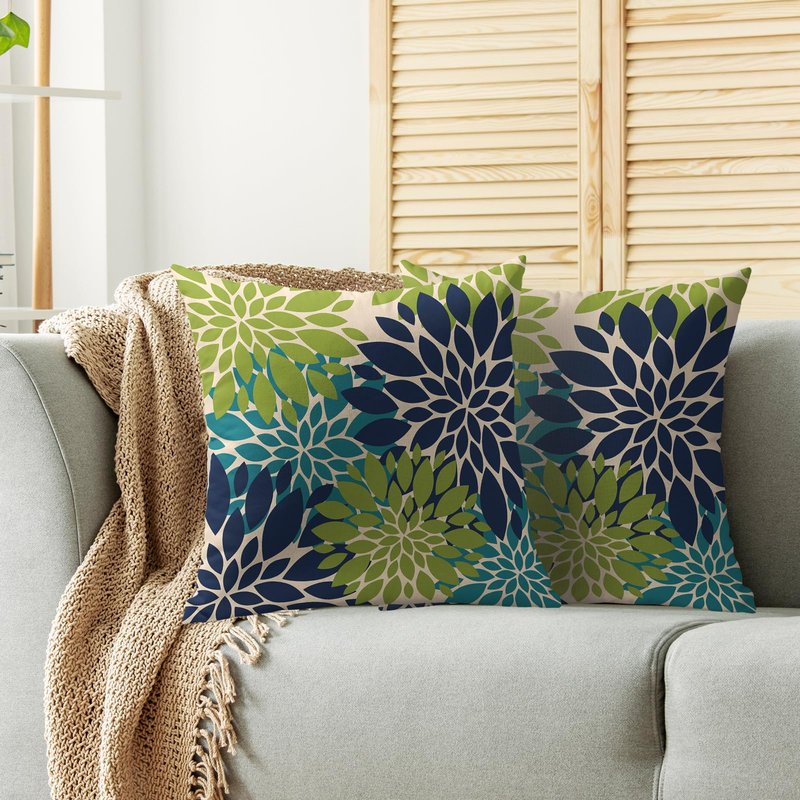 Smozenith Navy Blue Green Teal Pillow Covers 18X18 Inch Set of 2, Modern Geometry Dahlia Floral Print Decorative Throw Pillow Covers Outdoor Farmhouse Cushion Case for Home Couch Sofa Bed Decoration