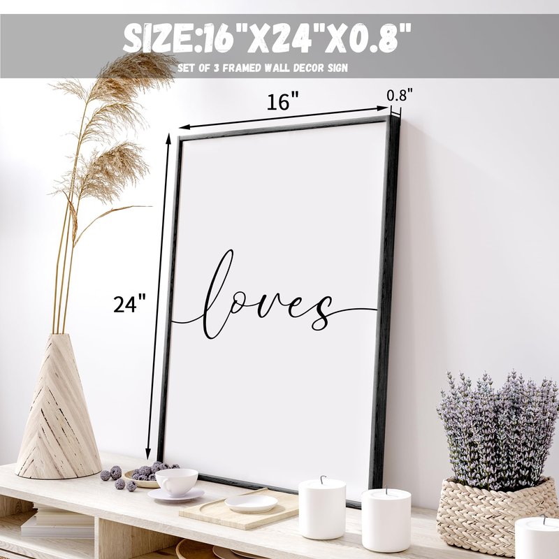 Set of 3 Framed Farmhouse All of Me Loves All of You Sign 11x14” Above Bed Wall Decor for Bedroom Decor Wall Art Wood Signs (Black, 16"x24")