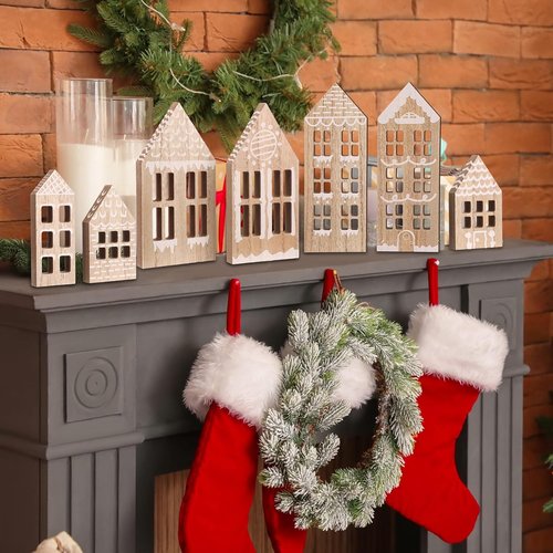 Briwooody Christmas Village Houses Set - 7 Pcs Wooden Gingerbread Decor for Home & Office | Winter Shelf Ornament