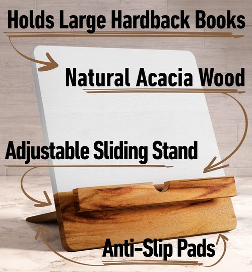 Acacia Cookbook Stand for Kitchen Counter - 12" x 12" Large Adjustable Non-Slip Acacia Wood Book Stand for Cookbooks - Collapsible for Easy Storage - Extra Large Recipe Book Holder for Kitchen Counter