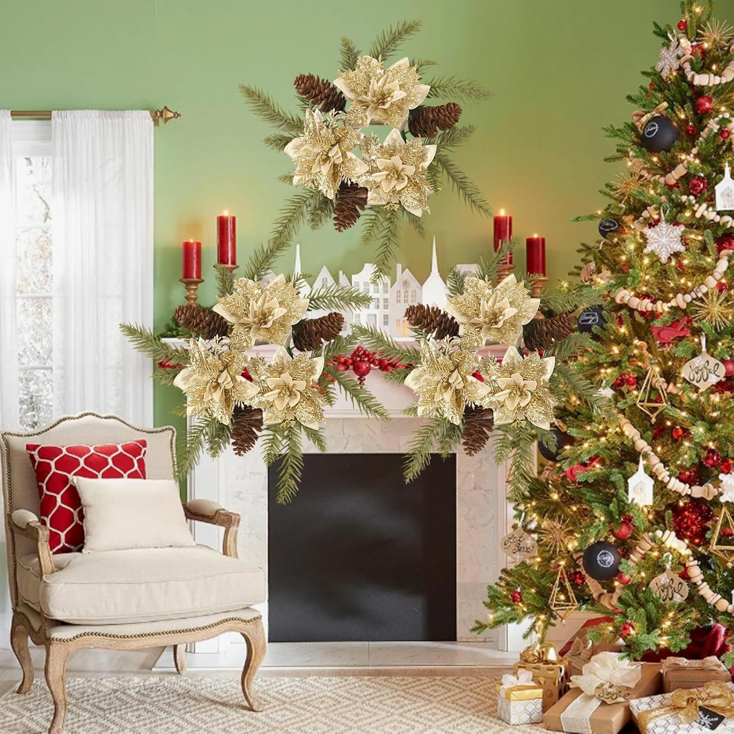 Skiennix Christmas Candle Ring Wreath - Artificial Golden Flower & Pine Garland Centerpiece