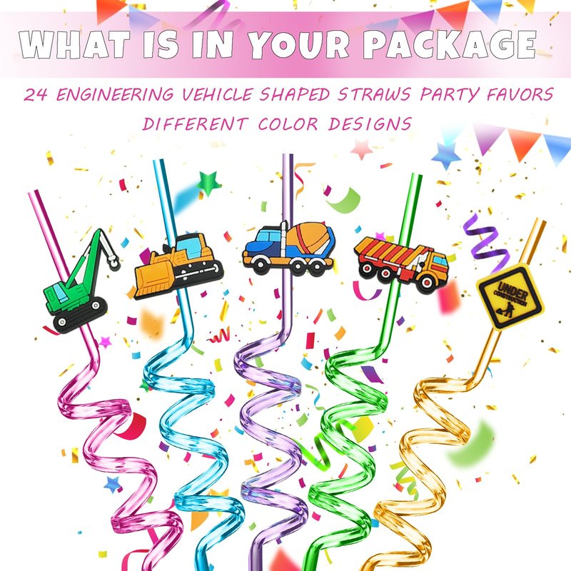 24 Reusable Construction Plastic Straws Excavator Bulldozer Blender Truck for Construction CraneTheme Birthday Party Supplies