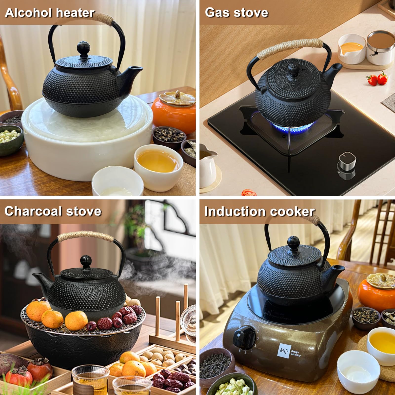 Japanese Cast Iron Teapot,Tea Kettle with Stainless Steel Infuser,For Wood/Campfire/Gas Stove Top (30 oz / 900 ml,Black)
