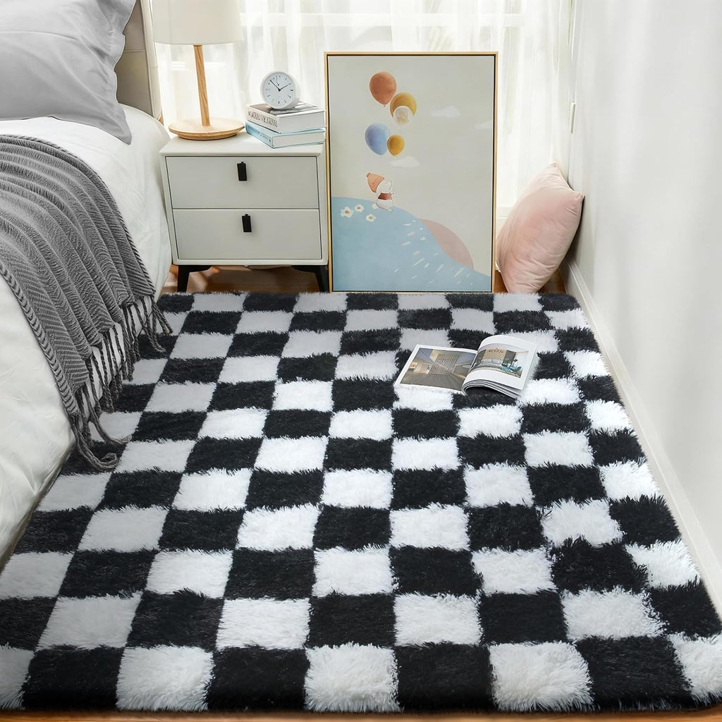 Ophanie Checkered Black & White Area Rug - Soft Fluffy Shag Carpet for Living Room & Bedroom | 4x6 Furry Design