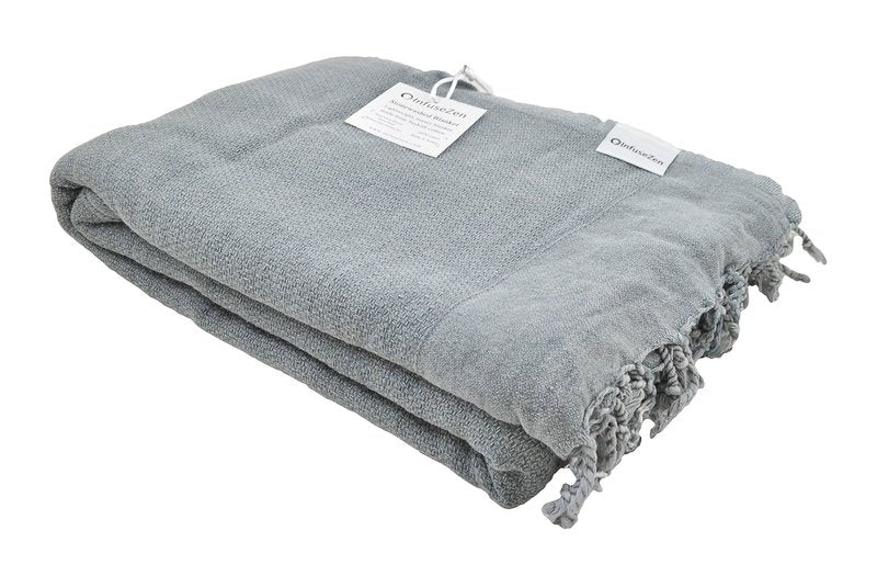 InfuseZen Stonewashed Turkish Throw Blanket - 100% Organic Turkish Cotton - 80" x 48" - Soft, Lightweight, Cozy - for Love Seat, Sofa, Picnic, Yoga - Sand Free Absorbent Beach Blanket - Denim