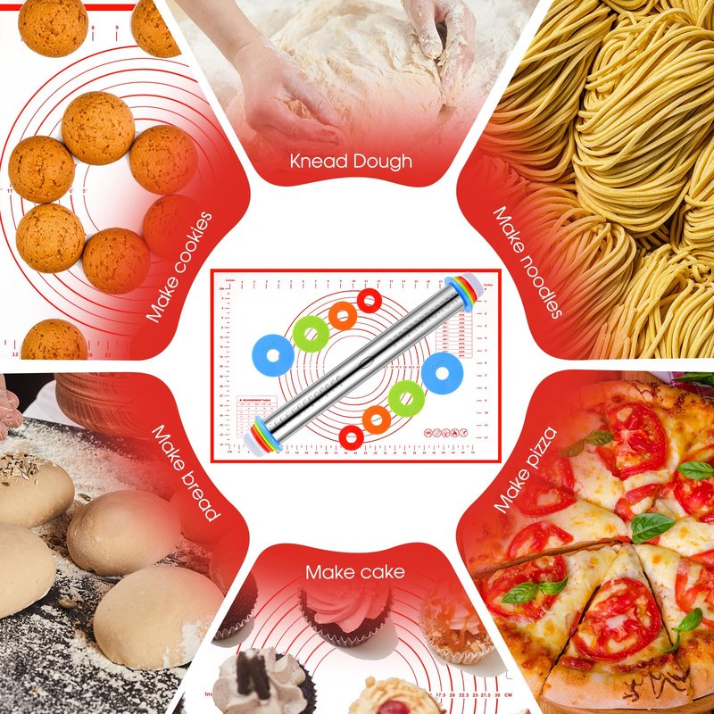 Dandat Rolling Pin with Adjustable Thickness Rings and Silicone Baking Pastry Mat Biscuit Cutter Bench Scraper Stainless Steel Dough Roller Rolling Pins for Baking Cookies Pie Pasta Pastries(Red)