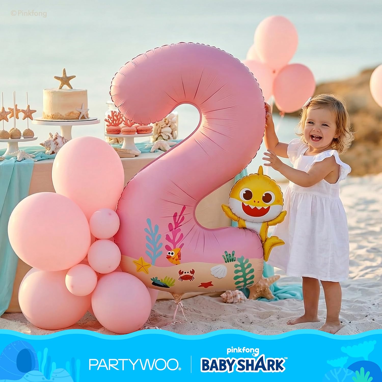 PartyWoo Baby Shark Pink Foil Number 2 Balloon - 5pcs 18-Inch Mylar Helium Birthday Decorations for Kids
