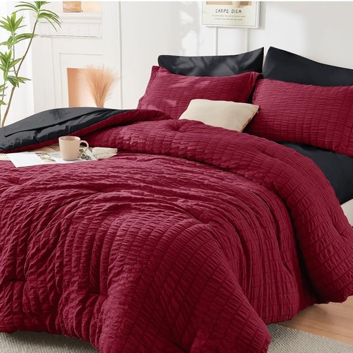 HYMOKEGE King Size Comforter Set - Red & Black Seersucker 7-Piece Luxury Bedding | All-Season Bed in a Bag