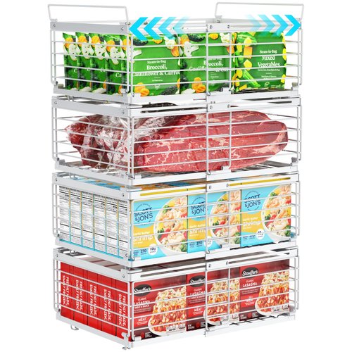 iSPECLE 4 Pack Freezer Organizer Bins - Fit 10 to 20 Cu.Ft Deep Freezer, Expandable Wire Storage Chest Freezer Baskets for Frozen Food, Stackable with Handles, White