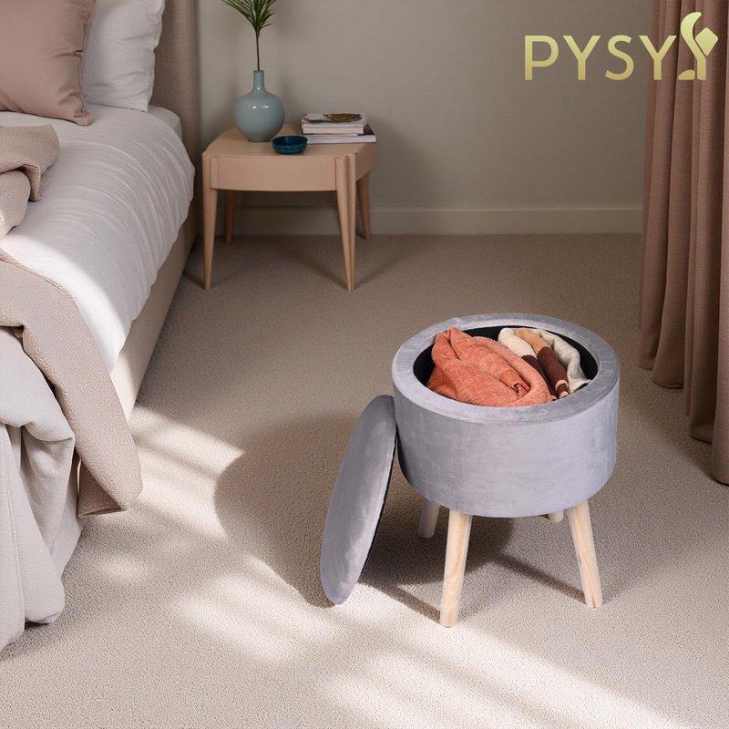 PYSYY Round Gray Velvet Storage Ottoman, Multifunctional Foot Rest with Storage, Modern Foot Stools for Bedroom and Living Room, 11.8" Wx11.8 Dx14.57 H Soft Ottoman