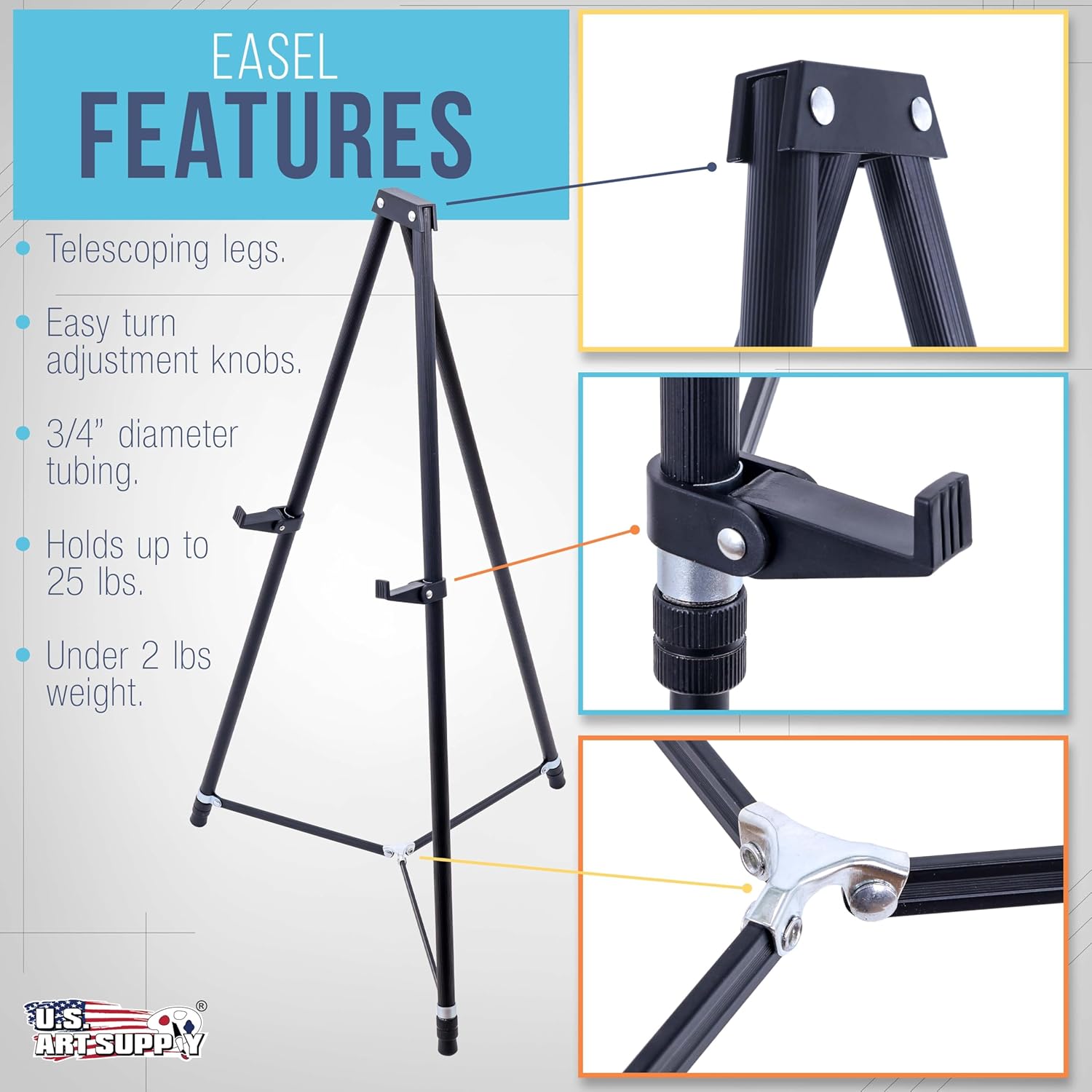 U.S. Art Supply 66" High Black Metal Display Art Easel - Adjustable Height Portable Stand | Holds 25 lbs