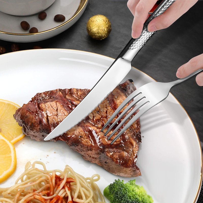 Lemeya 40-Piece Hammered Silverware Set for 8,18/10 Stainless Steel Flatware Set with Serrated Forged Knives,Heavy Duty Cutlery Set for Home & Party Restaurant,Mirror Polished, Dishwasher Safe