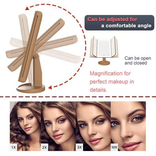 RoLeDo Lighted Makeup Mirror with Magnification 2X 3X 10X, Trifold Vanity Mirror with Lights, Touch Screen, 72 LED 3 Color Lighting, Dual Power, Leopard Print – Stylish Gift for Women & Teen Girls