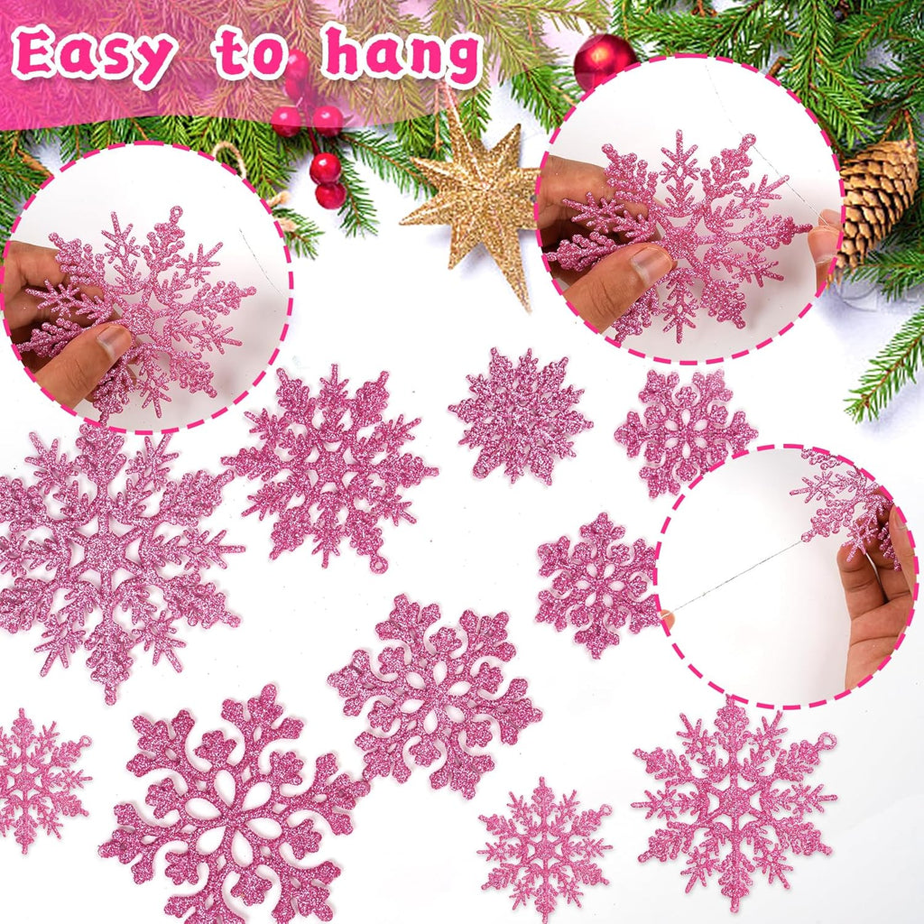 Skiennix 36-Piece Christmas Light Pink Snowflake Ornaments - Glittery Plastic Decor for Winter Trees