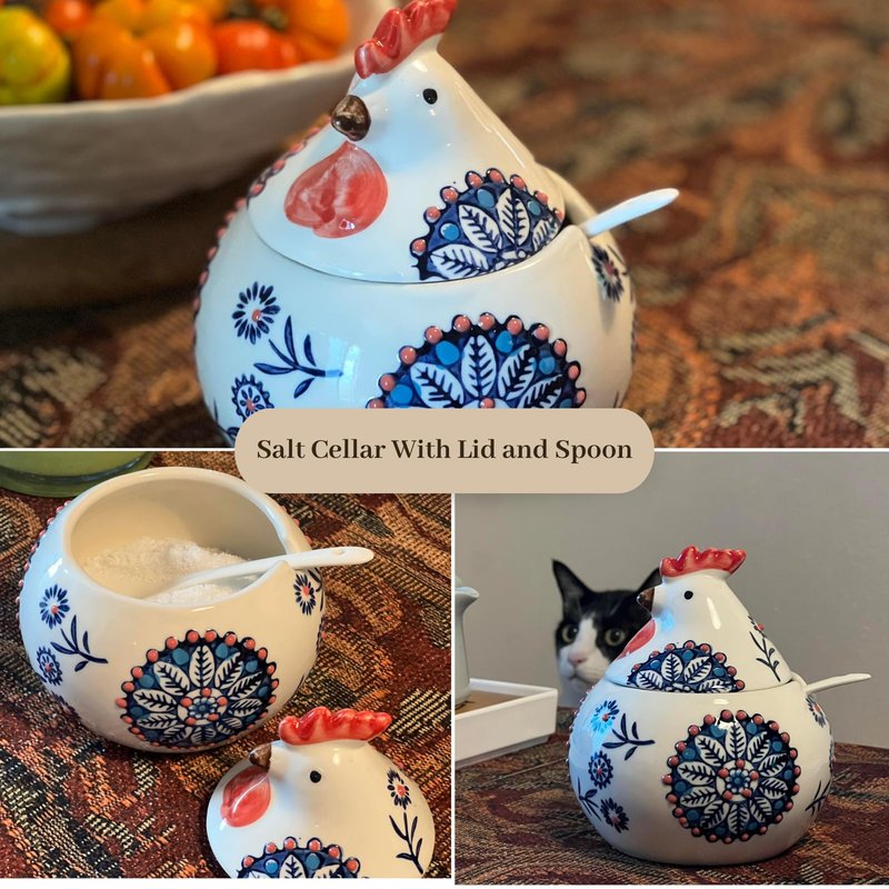 XIEFFICH 13.5 Oz Salt Cellar With Lid and Spoon (Blue)- Ceramic Chicken Spice Jars for Salt, Sugar, Pepper - Spice Containers for Countertop