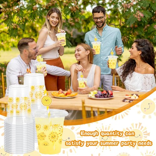 FYSUIMU 50Pcs 12Oz Smile Sunshine Plastic Cups with Lids & Straws First Trip Around The Sun Disposable Clear Drinking Cups for Summer Birthday Baby Shower Party Supplies