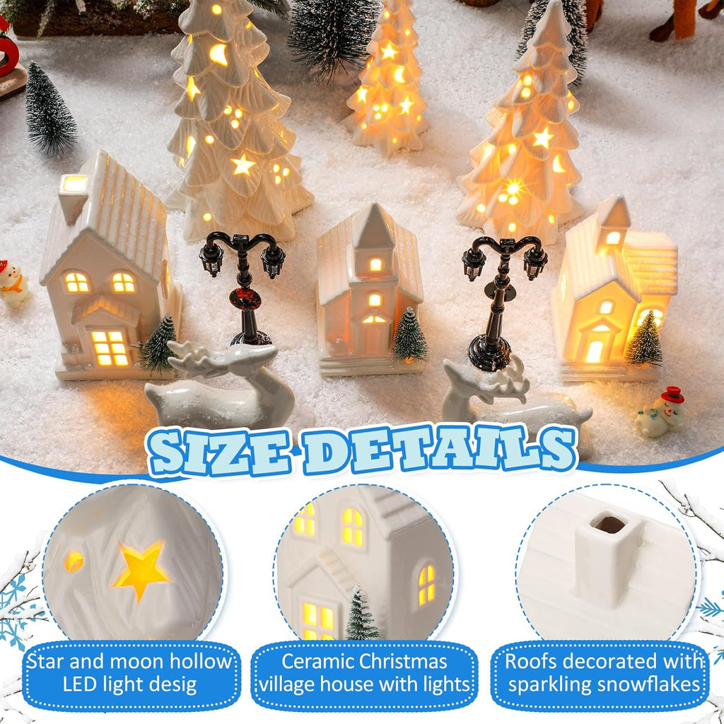 Nuogo Light Up Ceramic Christmas Trees Set - 6 Pcs White LED Trees & Glitter Snow Village Houses for Holiday Decor