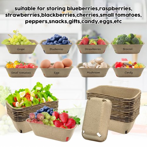 50 Pcs Natural Pulp Fiber Berry Basket, Molded Berry Basket Produce Vented Container for Strawberry Blueberry Raspberry and Vegetable Small Farmer Market Grocery Stores, Backyard Party 7.3x4.3x2.8inch