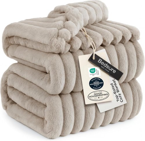 Bedsure GentleSoft Blankets - Cozy Queen Size Fleece Throw in Beige, 90x90 Inches for Ultimate Comfort