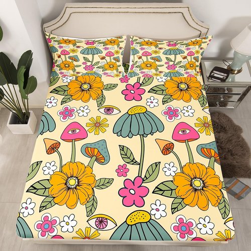 Kids 70s Retro Floral Bedding Set Twin Size,Hippie Flowers Leaves Bed Set for Child Bedroom Decor,Cartoon Eyes Mushroom Fitted Sheet Microfiber Bed Cover(1 Fitted + 1 Pillow Case)