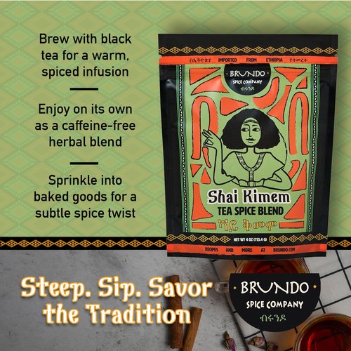 Brundo Ethiopian Spice Company Shai Kimem | Traditional Ethiopia Tea Spice Blend | Crafted and Imported from Ethiopia | Mix of Cinanmon, Green Cardamon and Clove | Steep in water and Strain to Serve