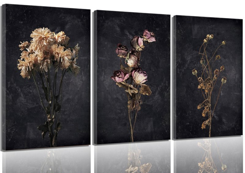 3Pcs Dark Floral Canvas wall art Moody Dried Wildflower Posters Pictures Wall Decor Nature Wilderness Botanical Paintings Abstract Prints for Living Room Bedroom Office Modern Farmhouse Home Artwork